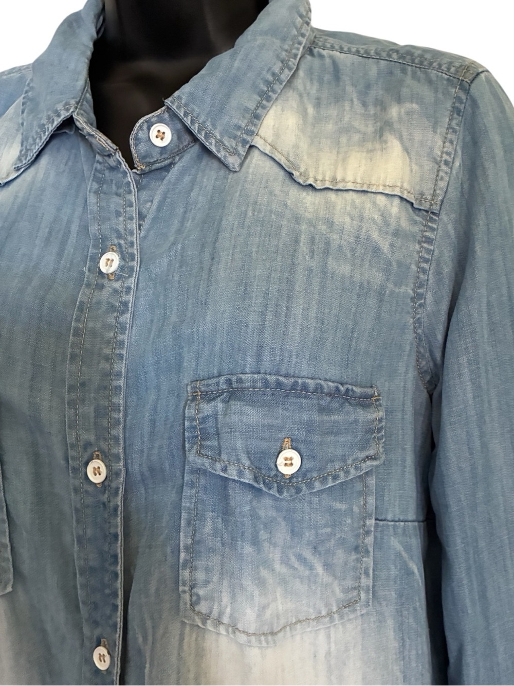 Papillon Indie Light Blue Faded Distressed Denim Chambray Shirt-Dress Sz M - Picture 3 of 8
